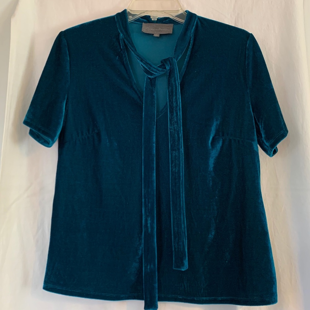 Sunday in Brooklyn deep teal velvet tie neck top/shirt - Picture 1 of 6